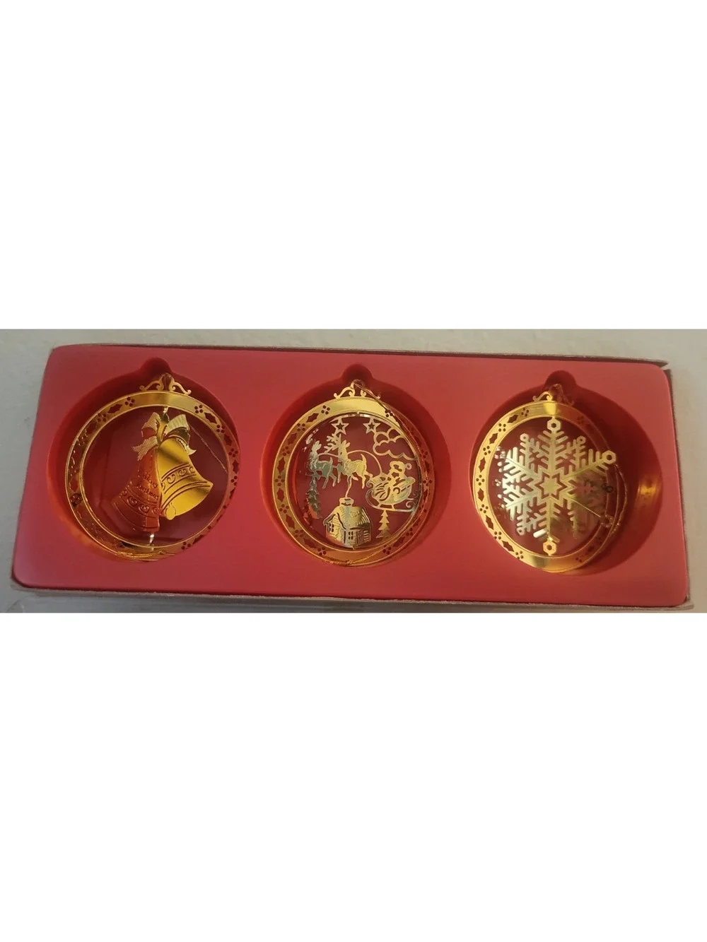3 Solid Brass Classic Collection 3D Christmas Ornaments in Box Holiday Decor NOS